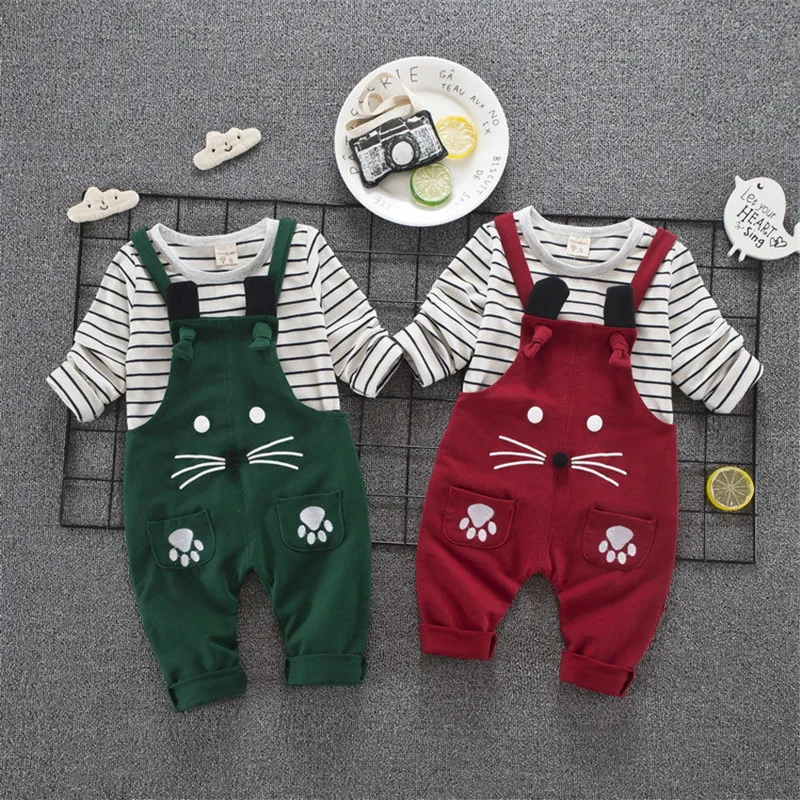 baby girl boy clothing 2018 autumn striped kid children clothes girls boys T-shirt+rompers set | Детская одежда и обувь