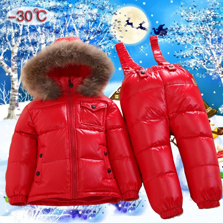 Russian winter children warm clothes kids jacket 2pcs set duck feather down raccoon fur collar hood ski snowsuit boys parkas