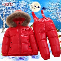 russian winter children warm clothes kids jacket 2pcs set duck feather down raccoon fur collar hood ski snowsuit boys parkas