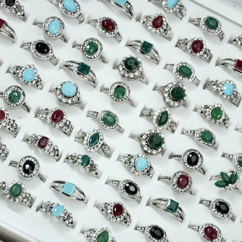 120Pcs New Vintage Rhinestone Ancient Silver Color Women Ring lot female anel Jewelry Lots Top quality LR4057