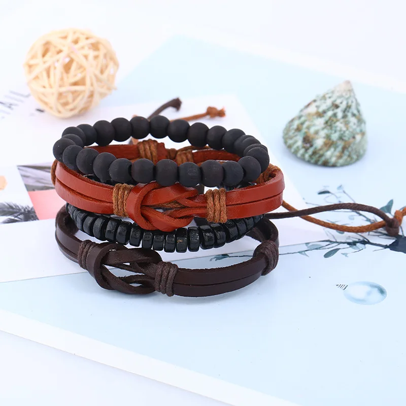 4pcs/set New Vintage Rope Handmade Bead Woven Leather Men Bracelets Women Bangles Female Rock Men Jewelry Accessories