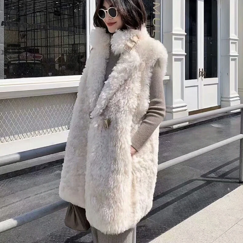 Новый Гарантировано реального Shearling Vest Для женщин отложным воротником длинные