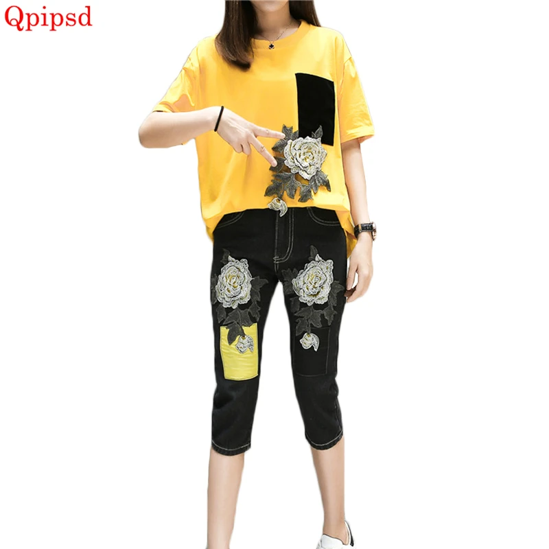 

Plus Size 5XL Womens Sporting Suit 2021 Summer Casual Loose 2 Piece Tracksuit Sets Female Short Sleeve T-shirts+denim Pants Suit