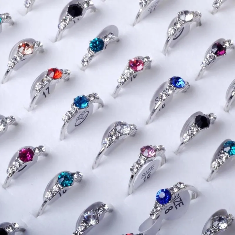 

50pcs/lot Mixed Crystal Silver Plated Rings for Women Multicolor Rhinestone Wedding Female Jewelry Brand Design Rings