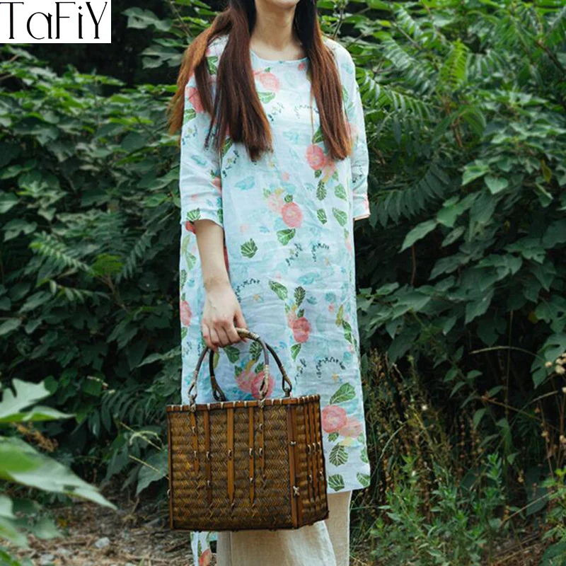 Женское платье с круглым вырезом TaFiY винтажное льняное Ципао на пуговицах