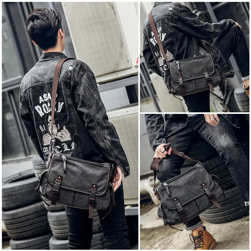 Vintage Men's Shoulder Bag Travel Crossbody Bags Causal Canvas Messenger Bag Patchwork Multi-function Laptop Handbag School Tote