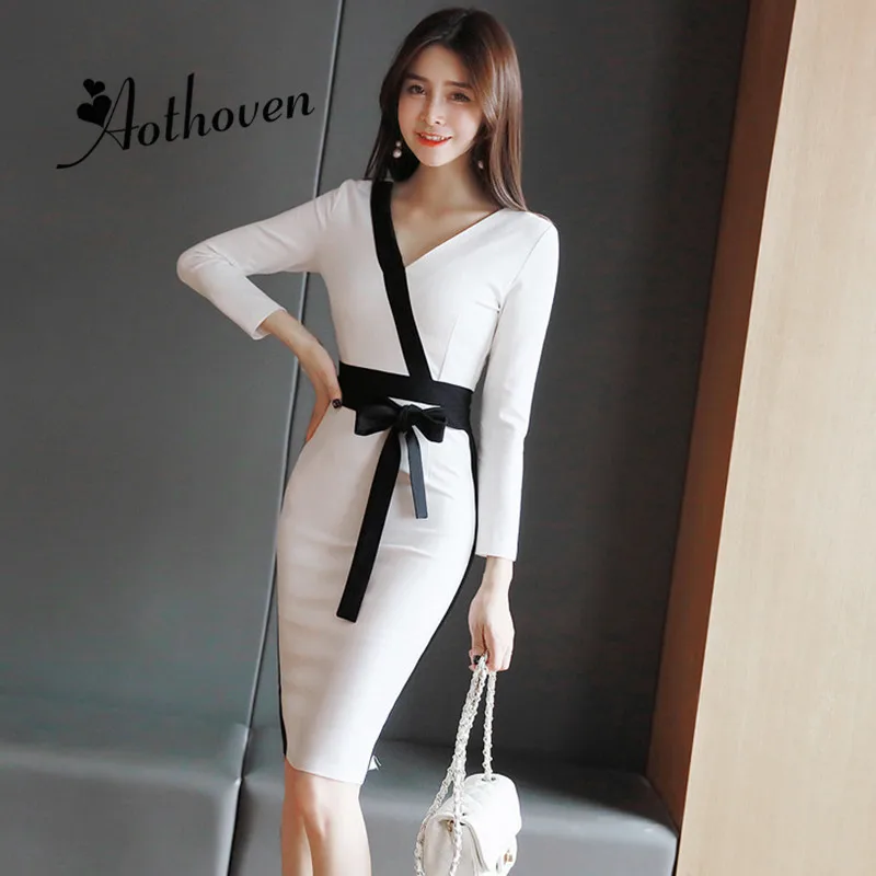 

2018 Autumn White Contrast Color Pencil Dresses V Neck Long Sleeve Bow Midi Dress Women Office Bodycon Sexy Party Ladies Dresses