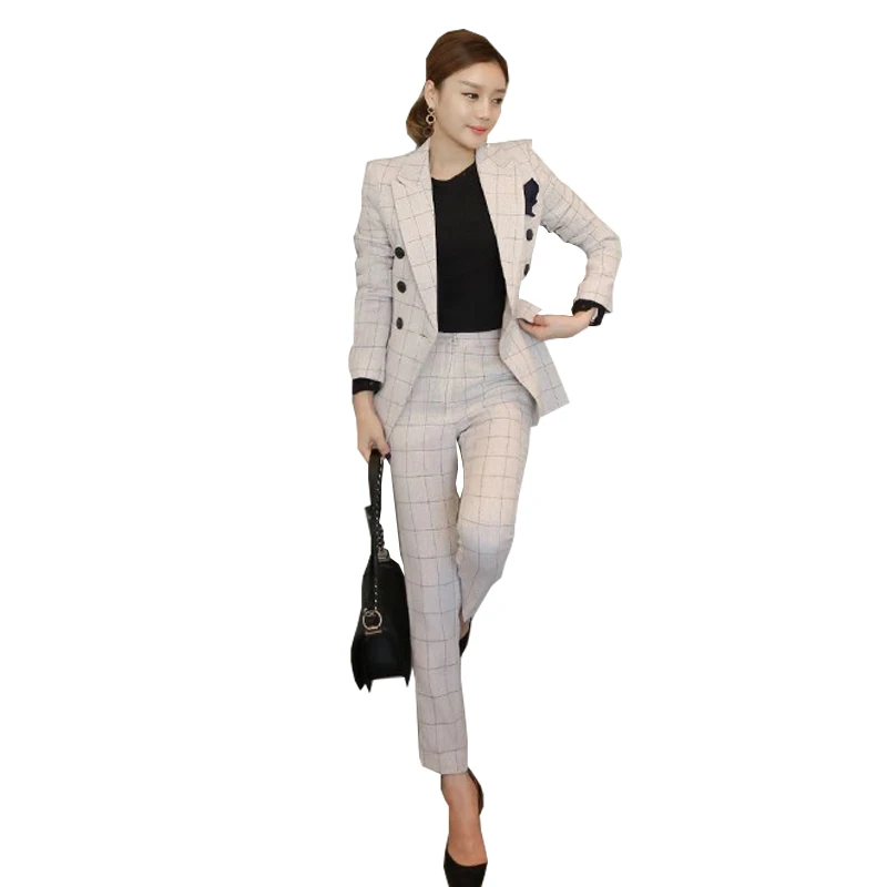 High Quality New Spring and Autumn Korean Fashion Double-breasted Slim Waist Small Suit Plaid Casual Jacket Two-piece Female | Женская