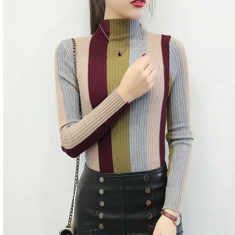 Striped Sweater Contrast Color Women Knit Pullovers 2019 Autumn Long-sleeved Knitwear Ladies Turtleneck Casual Tops W342 | Женская