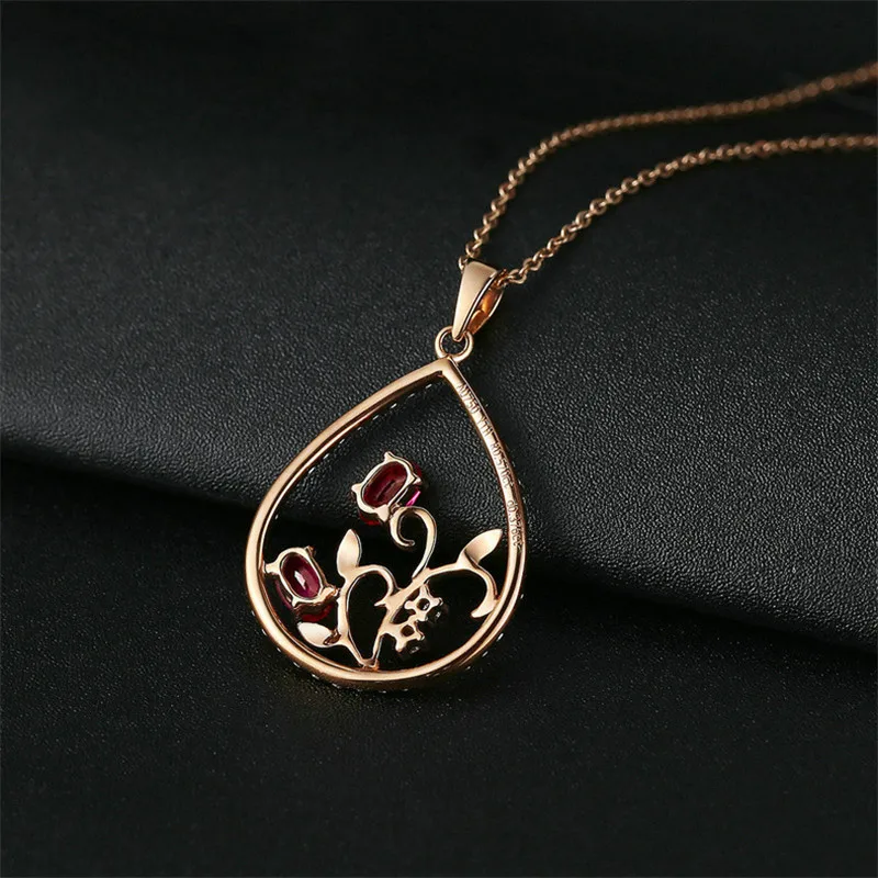 Ociki Rose Gold Color Waterdrop Flower Red Crystal Pendant Necklace Chokers Jewelry Wholesale for Women Girls Drop Shipping | Украшения и