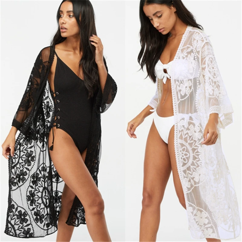 

Sexy Lace Mesh beach cover up Women White Bikini Cover up Beach Dress Swimwear Crochet Beachwear Bathing Suit Summer Cardigan