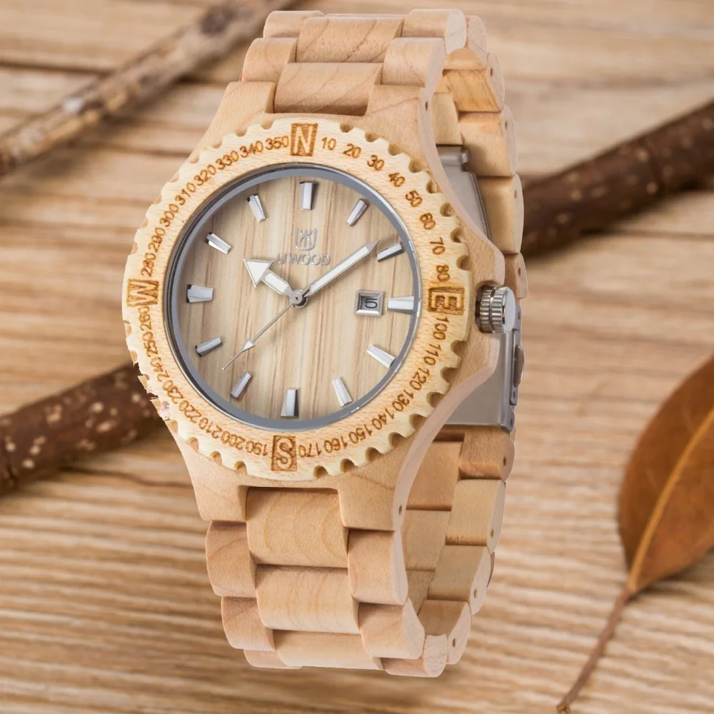 Платье Кварцевые деревянные наручные часы для мужчин UWOOD бренд календарь