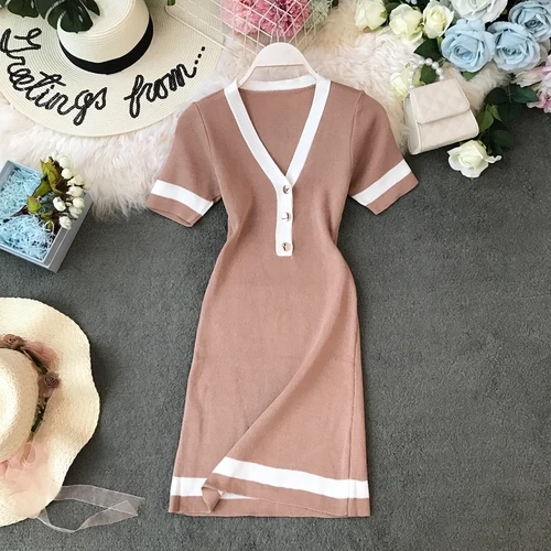 Хаки OCEANLOVE Кнопка Vestidos короткий рукав корейское летнее платье для женщин Вязание стрейч платья для V образным вырезом Bodycon Тонкий роковой 11916 - Цвет: Хаки