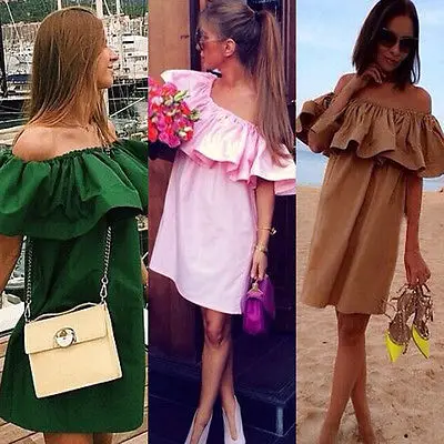 Женская туника с открытыми плечами Boho Сексуальная мини-рубашка оборками на