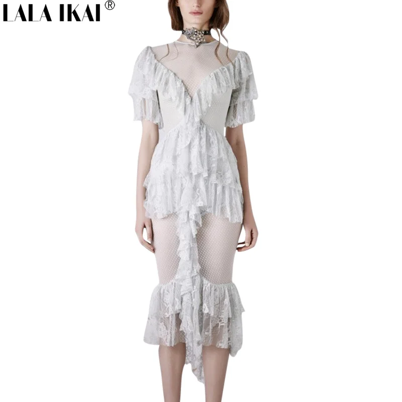 Лето Boho женское платье пикантные однотонные See Through оборками Кружевное миди 2017