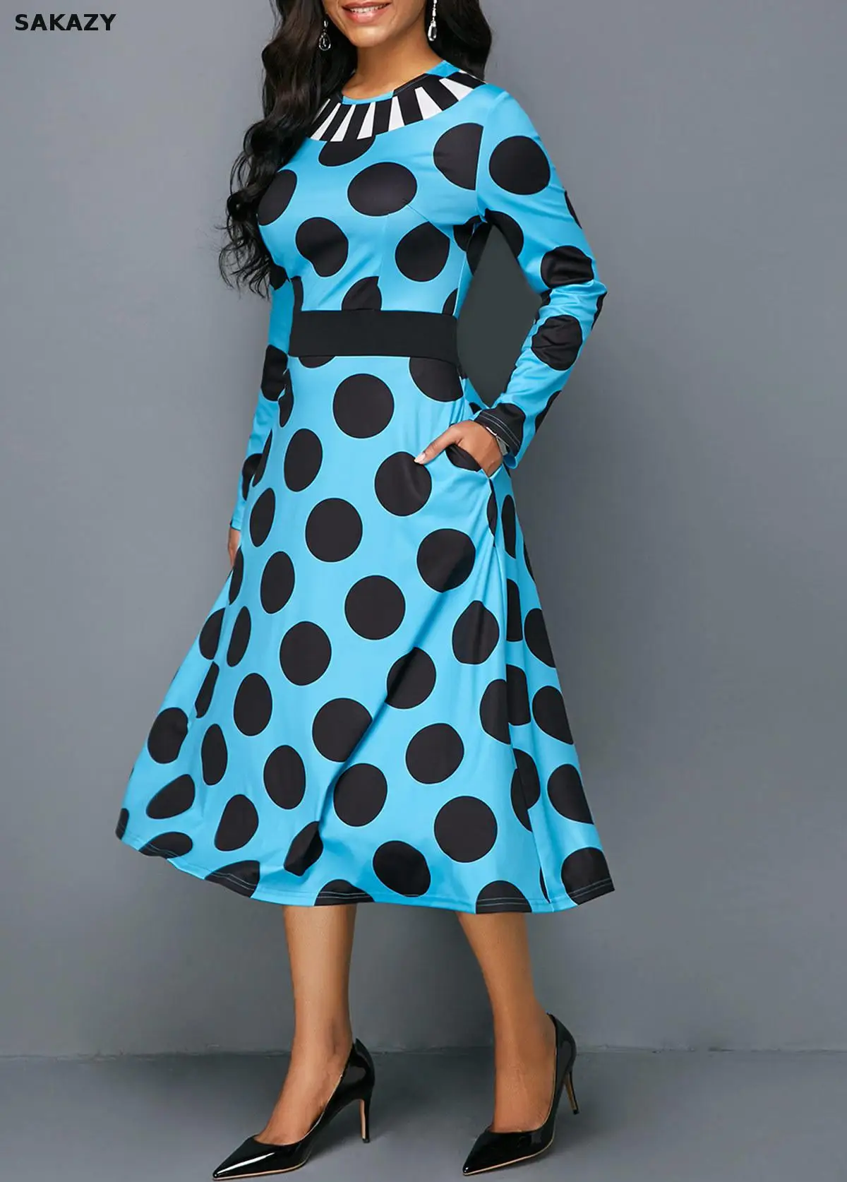 Женское винтажное платье-туника в горошек Повседневное Платье макси с длинным