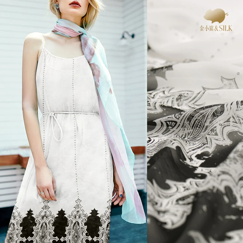 Thin and light silk georgette fabric black white art pattern scarf dress shirt wholesale cloth Дом и сад
