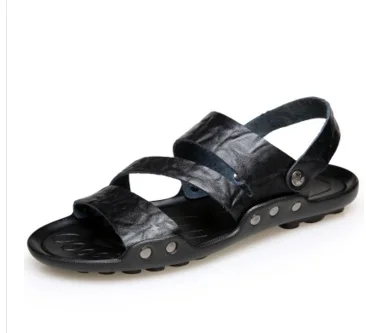 black sandals Для мужчин тапочки натуральная кожа пляжные шлепанцы Лето большего обувь размер 46 48 Orange черные мужские сандалии без каблука модные шлепанцы - Цвет: black sandals