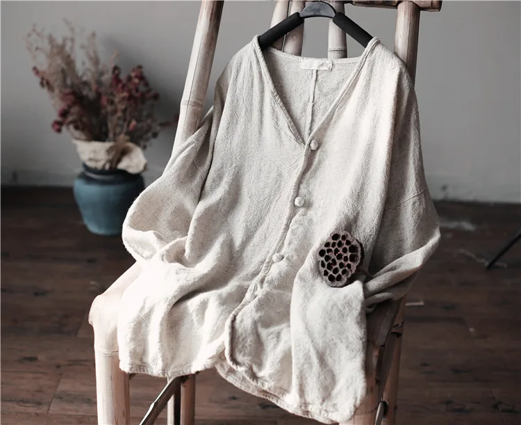 Женская свободная рубашка с длинным рукавом из хлопка и льна|designer blouse|casual blouseloose