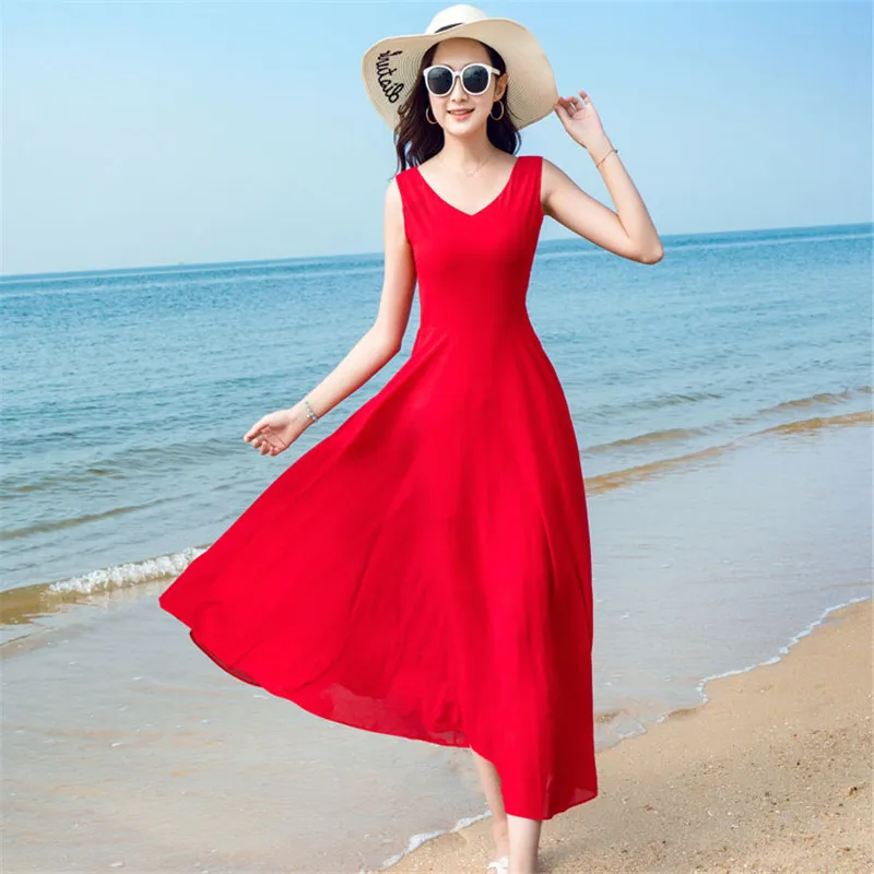 

Summer women dresses 2018 new sleeveless long female dresses temperament Slim sleeveless V-neck large size ladies dresses cw185
