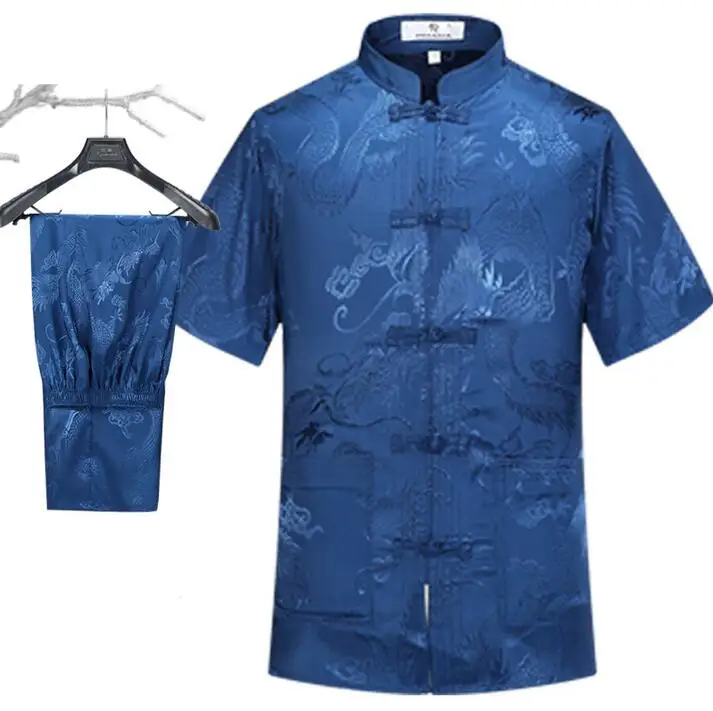 

Summer stand collar quinquagenarian tang suit mens short-sleeve suits set chinese style national clothing silk plate buttons