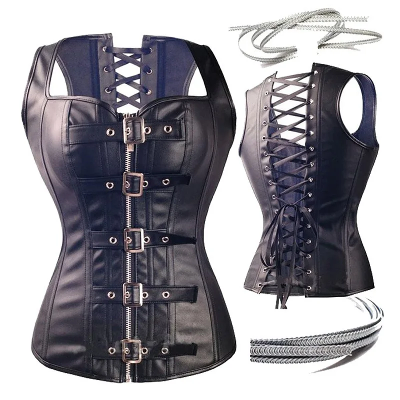 Dominatrix Steampunk Corset Black Leather Burlesque Clubwear Lace up Boned with Chains Gothic Carnival Clothing Fetish Tops 6XL