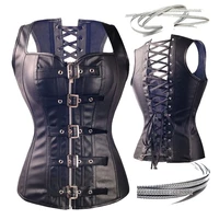 dominatrix steampunk corset black leather burlesque clubwear lace up boned with chains gothic carnival clothing fetish tops 6xl