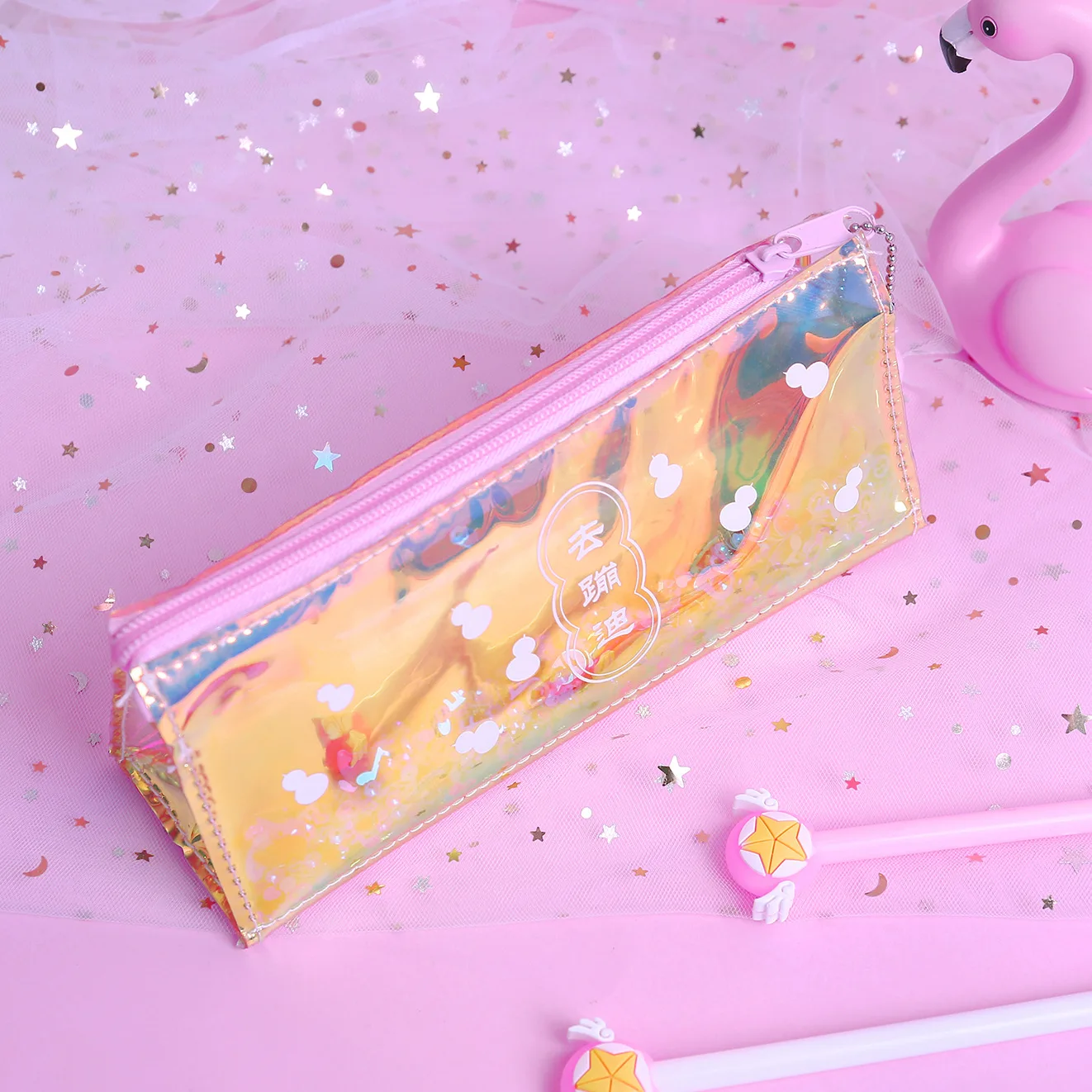 

DUGUO cute stationery heart laser pencil bag simple transparent pencil bag flow sequin pencil case creative student stationery