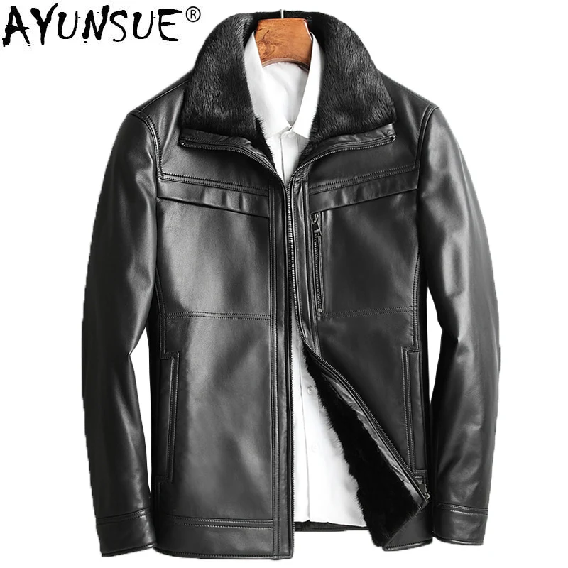 

AYUNSUE Genuine Leather Jacket Real Mink Fur Liner Short Mens Sheepskin Coat Plus Size Jackets Chaqueta Cuero Hombre 806 KJ1131