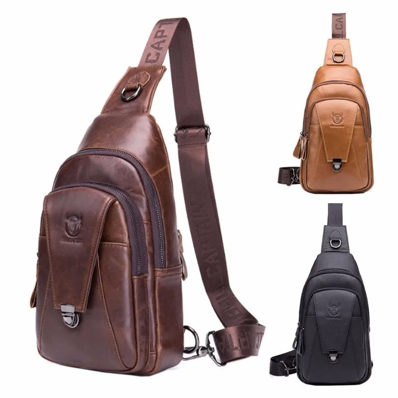 

BULL CAPTAIN New Men Leather Crossbody Bags Cowhide Casual Riding Sling Shoulder Messenger Bag Chest Day Back Pack