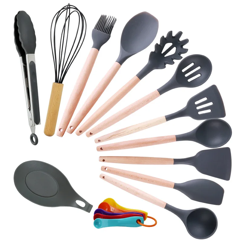 

17pcs/set Kitchen Silicone Cooking Tools Utensil Gadgets Silicone Wooden Handle Spoon Bush Ladle Nonstick Cookware Baking Tools