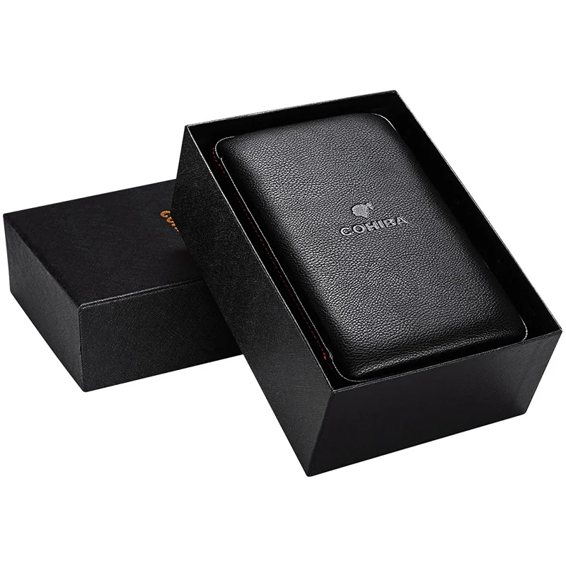 Cigar Case Humidor For 4 Cigars Cedar Wood Lined Leather Travel Cigar Humidor Humidifier Set Gift Box(No lighter cutter