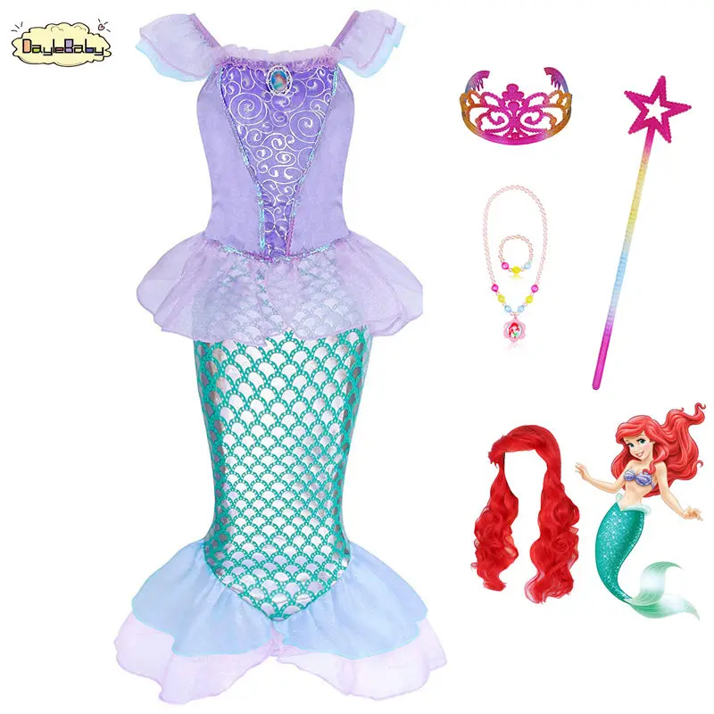 Dresses A Sets DAYLEBABY/детская одежда; нарядный костюм Русалочки для девочек; одежда для игр; костюм принцессы Ариэль с повязкой на голову; костюм на Хэллоуин - Цвет: Dresses A Sets