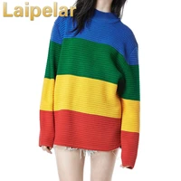 laipelar women color block winter sweater rainbow patchwork knitted loose oversized tops jumper spring women pullovers sweaters