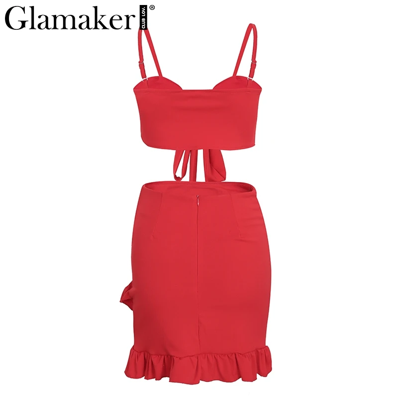 Glamaker, гофрированное красное женское платье, сексуальное, v-образный вырез, вечерние, пляжное платье, летнее, с бантом, облегающее, короткое платье, женское платье, vestidos