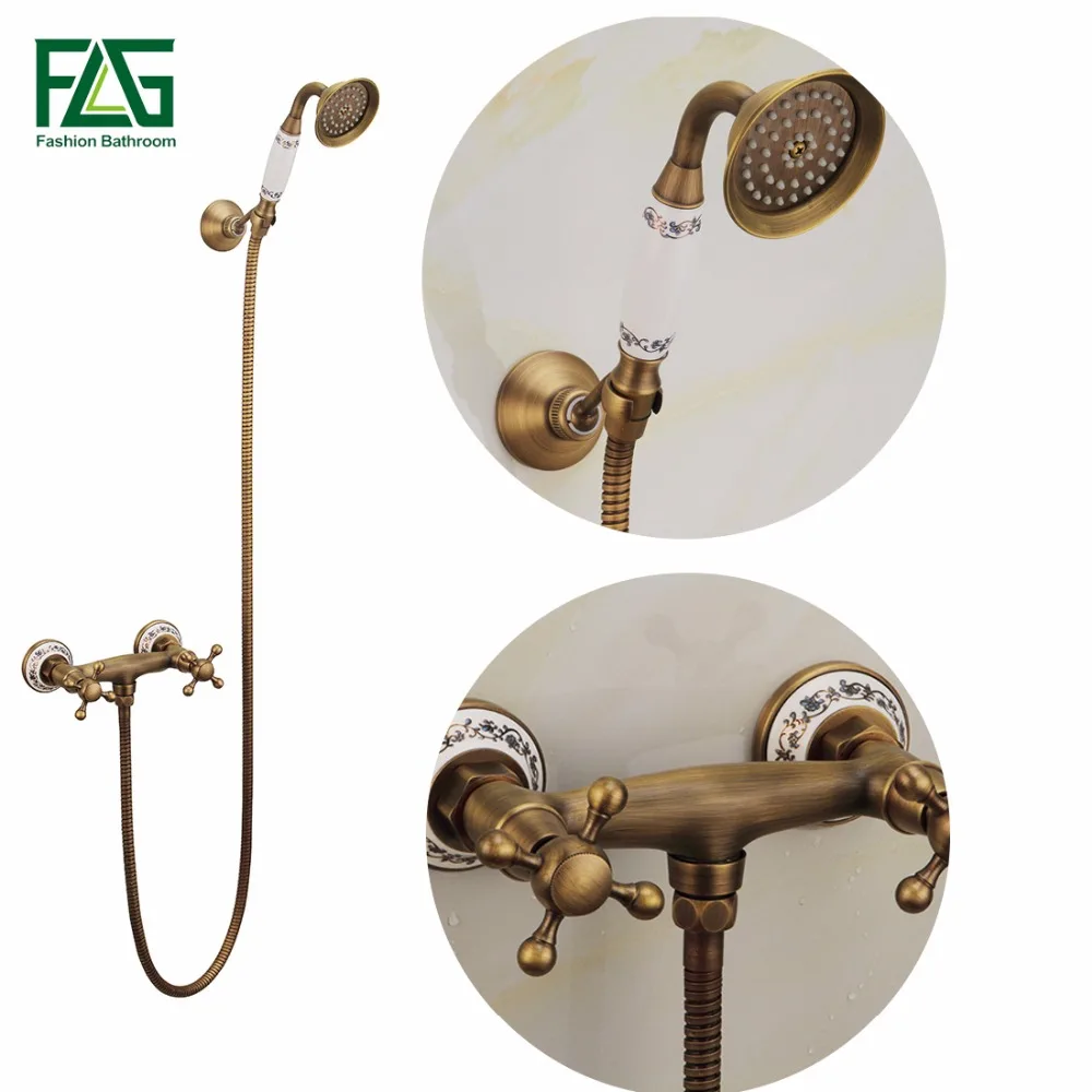 

FLG Antique Brass Bathroom Bath Shower Mixer Wall Mounted Hand Held Shower Head Kit Bathroom Ceramics Shower Faucet Sets