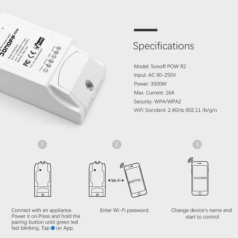 Дистанционное включение/выключение умный переключатель Sonoff Pow R2 16A Wifi умный домашний переключатель с контролем энергии защита от перегрузки 35MR21
