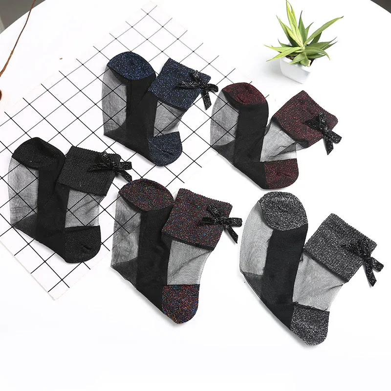 [EIOISAPRA] ультра тонкие прозрачные носки из золотого и серебряного шелка с бантом