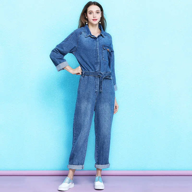 Blue with sashes Женская мода красивый повседневный комбинезон для женщин Новое поступление высокого пояса для похудения джинсовый комбинезон mujer NW19B6096 - Цвет: Blue with sashes