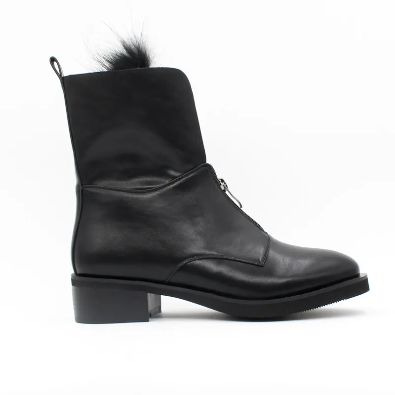 Женские ботильоны на молнии FUN VILLE черные ботинки плоской подошве с круглым