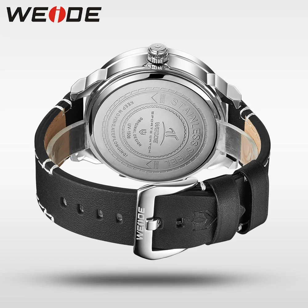 WEIDE Наручные Часы Мужские Спортивные Из Нержавеющей Стали Люкс Стильные Кварцевые Черный Кожаный Ремешок