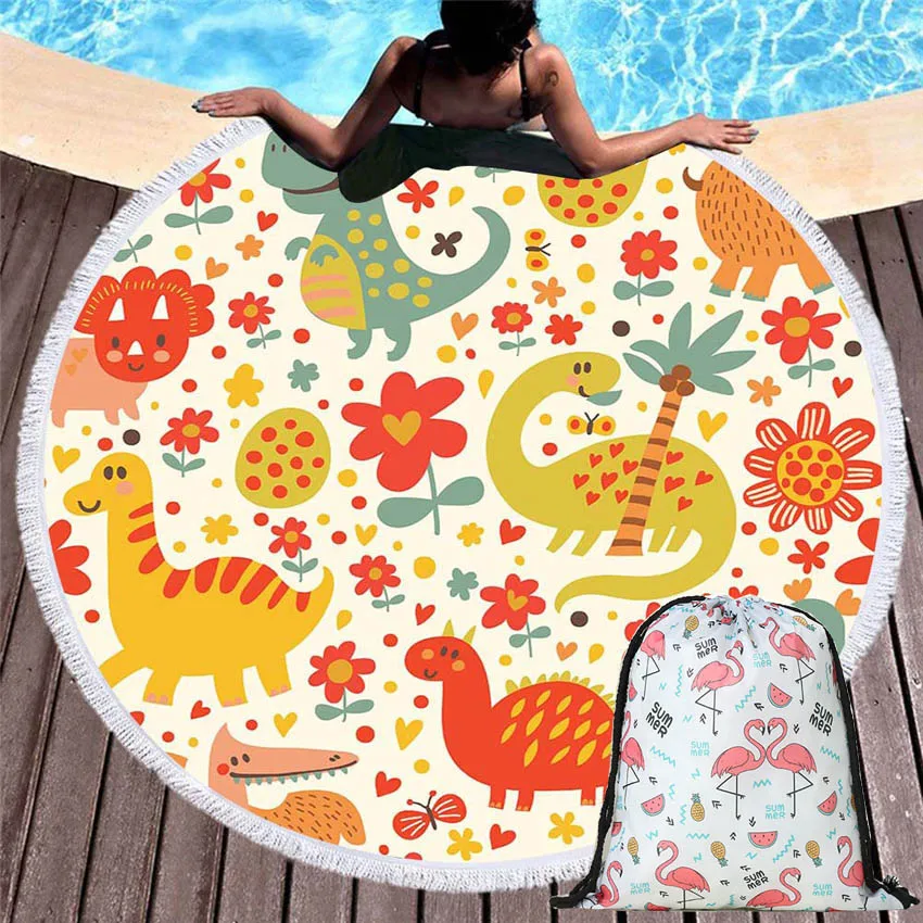 

150 см круглый мультфильм Животные пляжные полотенца морское одеяло с кулиской рюкзак сумка банные полотенца для взрослых детей с кисточкам...