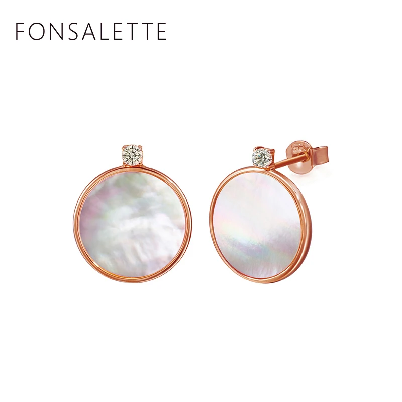 Rose gold-15MM Fonsalette, 925 пробы, серебро, 18 К, золото, тон, кубический циркон, натуральный, серьги-гвоздики в виде ракушки, Круглый, перламутр, серьги для девочек szk30 - Цвет камня: Rose gold-15MM