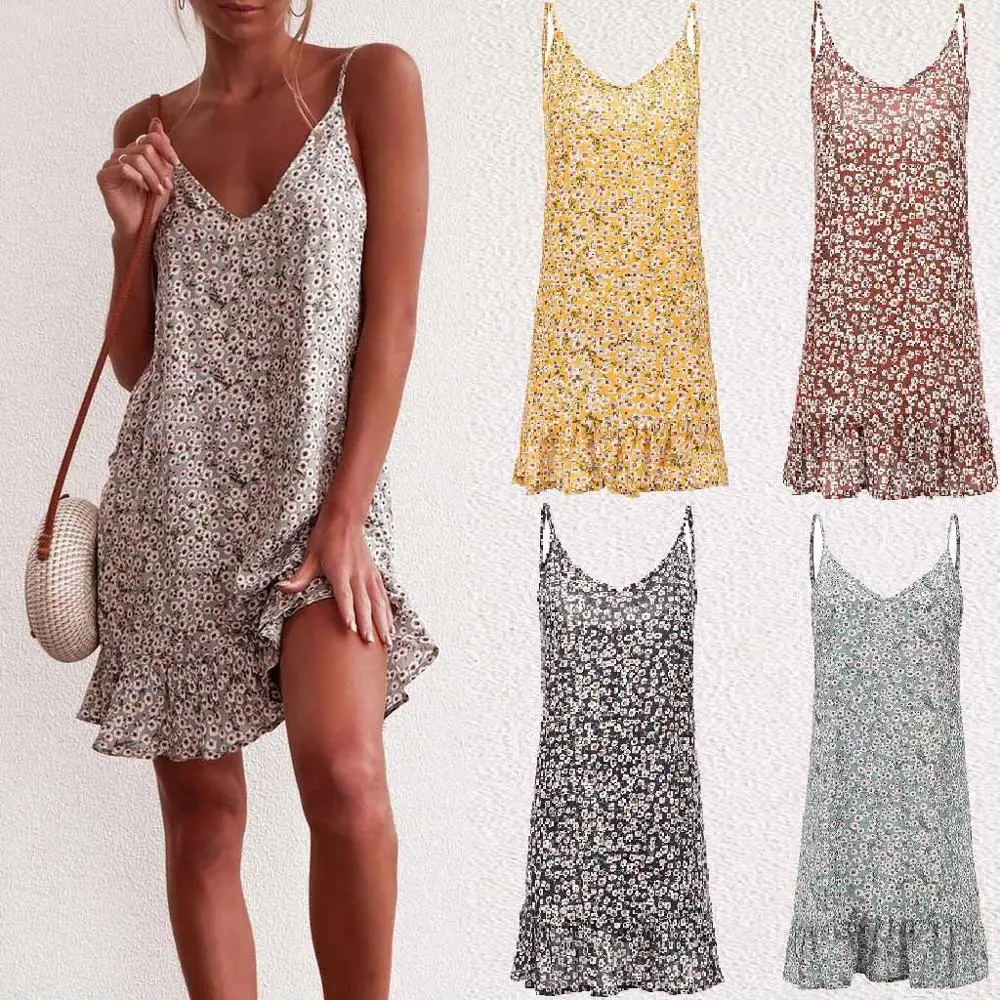 Bohemian Casual Print Floral A-Line Mini Dress Women Clothes 2019 Spaghetti Strap Summer High Waist Ruffle Dresses | Женская одежда