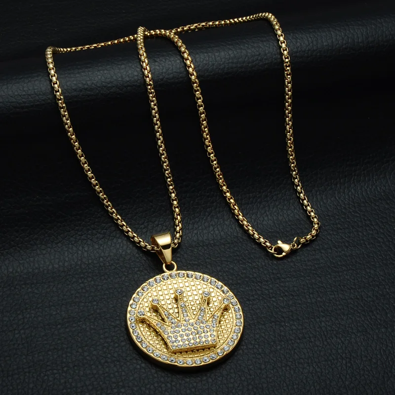 Хип-хоп Bling Iced Out кубическая Корона из циркония Ожерелья титановые из нержавеющей стали круглые ожерелья и подвески для мужчин ювелирные изделия