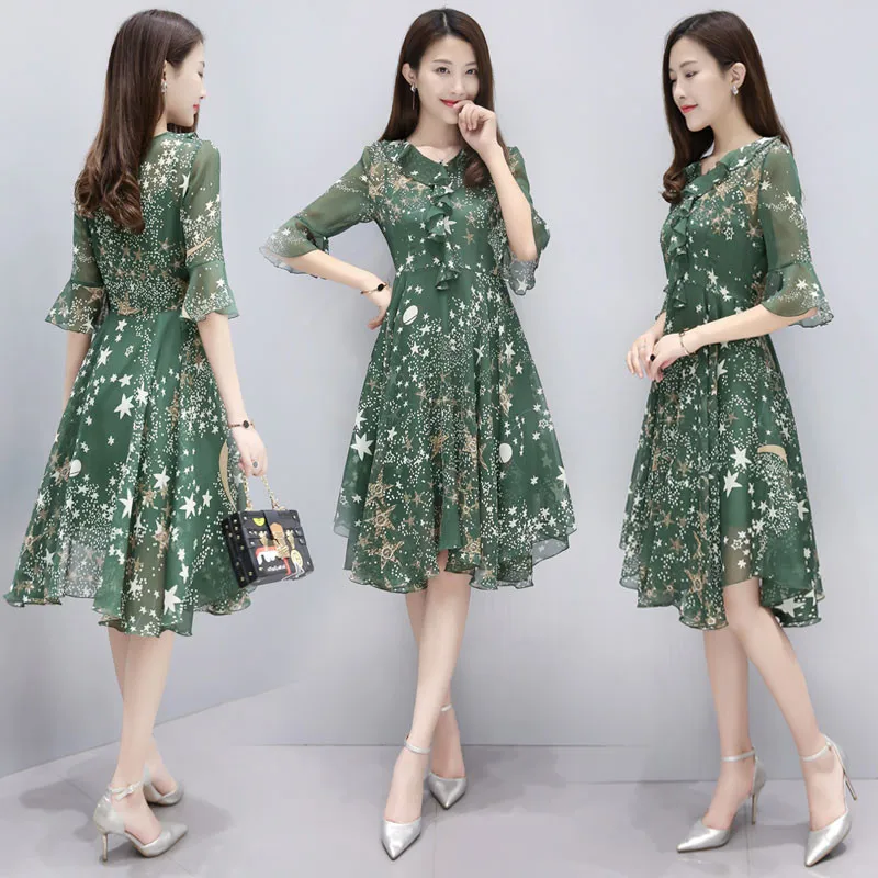 Женское шифоновое платье с цветочным принтом повседневное V образным вырезом