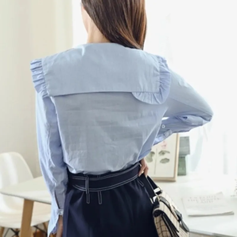 TWOTWINSTYLE Striped Tops Female Large Size Flare Long Sleeve Peter Pan Collar Patchwork Shirt For Women 2018 Autumn Fashion New |