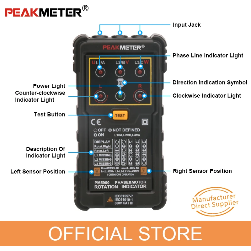 PEAKMETER PM5900 3 индикатор вращения мотора измеритель последовательности тестер Индикатор поворотного поля 3 фазы системы тестирования мотора Multimetro