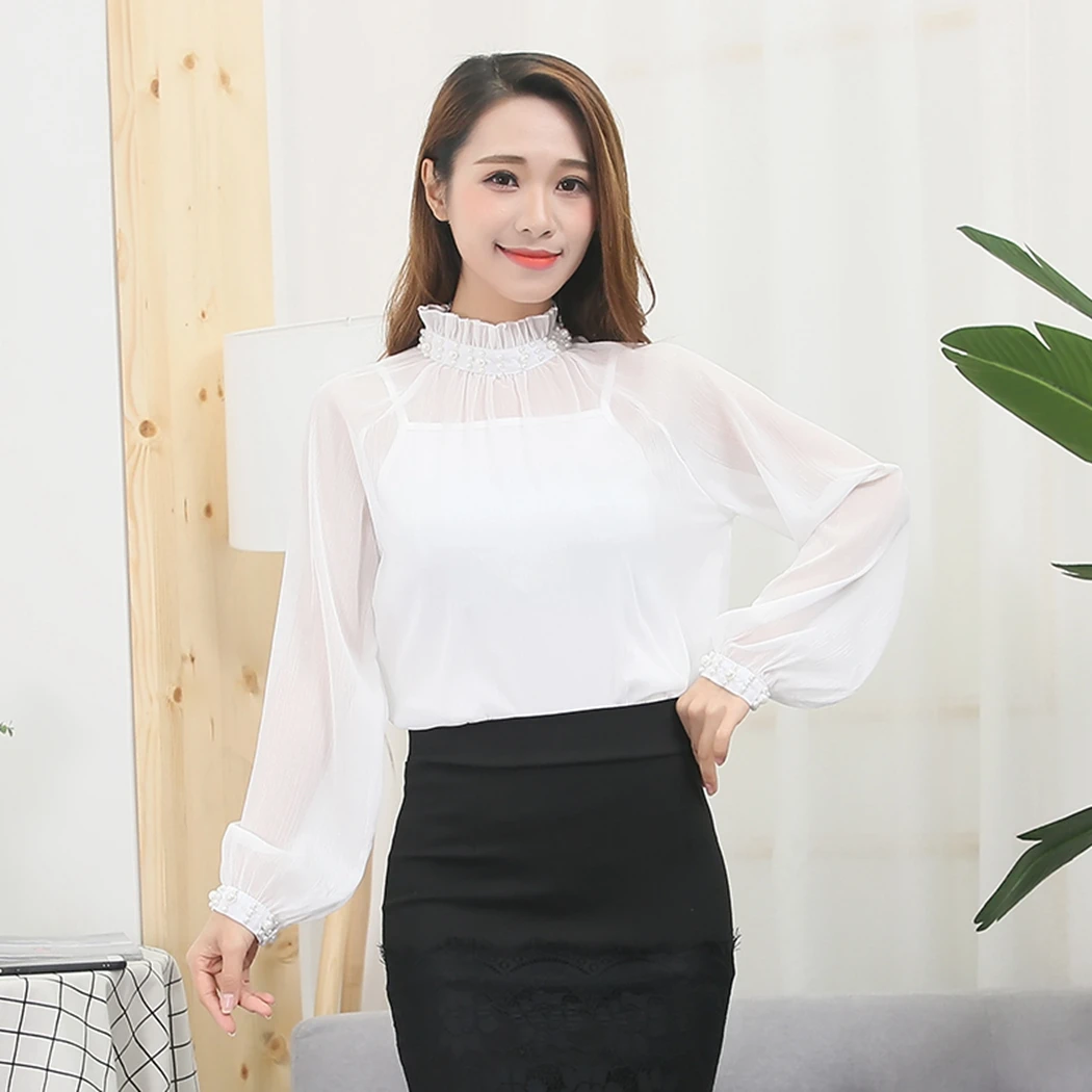 Women Long Sleeve Pearl Decor Blouse Summer Beading Ruffle Collar Mesh Shirt Tops Ladies See Through Chiffon Blouses Mujer Blusa |