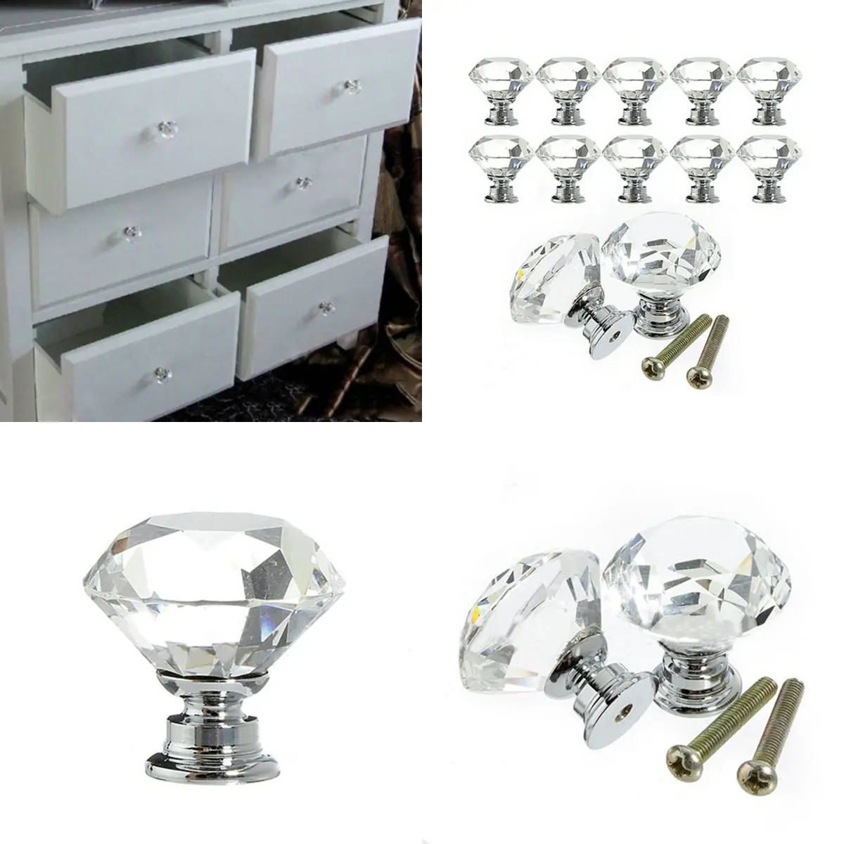 

10 Pcs/1pack 30mm Crystal Knobs Crystal Diamond Shape Glass Drawer Cabinet Knob Pull Handle Kitchen Door Wardrobe Hardware